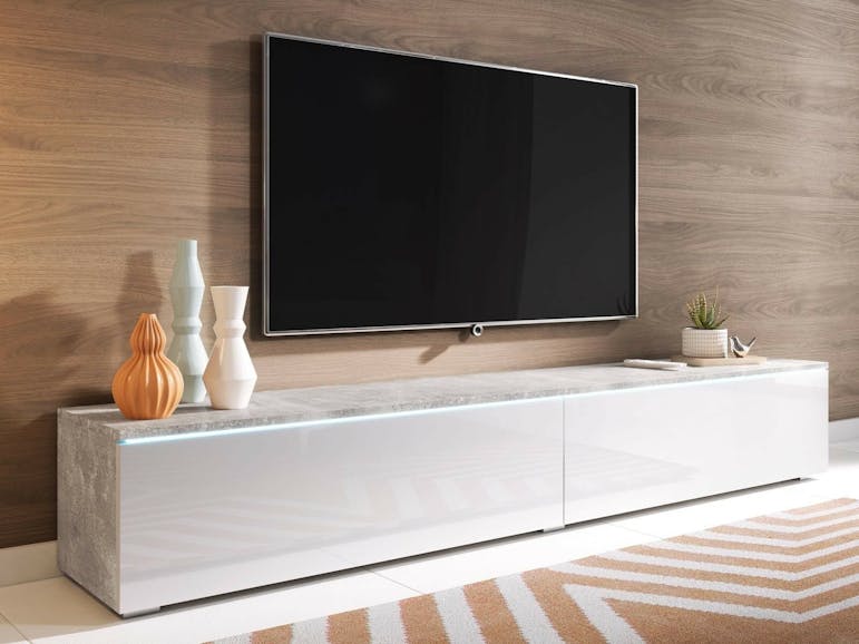 Langwerpig hoofdzakelijk Uitbreiden TV-meubel DUBAI 2 klapdeuren 180 cm beton/hoogglans wit met verlichting