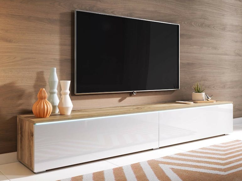Correct correct Harmonie TV-meubel DUBAI 2 klapdeuren 180 cm wotan eik/hoogglans wit met verlichting