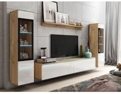 Tv-meubel set VITTORIO 6 deuren eik wotan/hoogglans wit met verlichting
