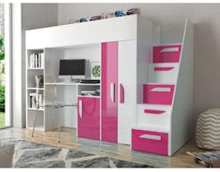 Samengesteld bed PARADISIO 90x200 cm wit/hoogglans roze met trap aan de rechterzijde