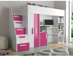 Samengesteld bed PARADISIO 90x200 cm wit/hoogglans roze met trap aan de linkerzijde