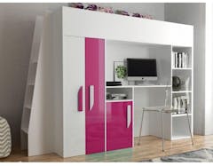 Samengesteld bed PARADISIO 90x200 cm wit/hoogglans roze met ladder aan de linkerzijde