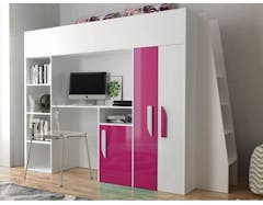 Samengesteld bed PARADISIO 90x200 cm wit/hoogglans roze met ladder aan de rechterzijde